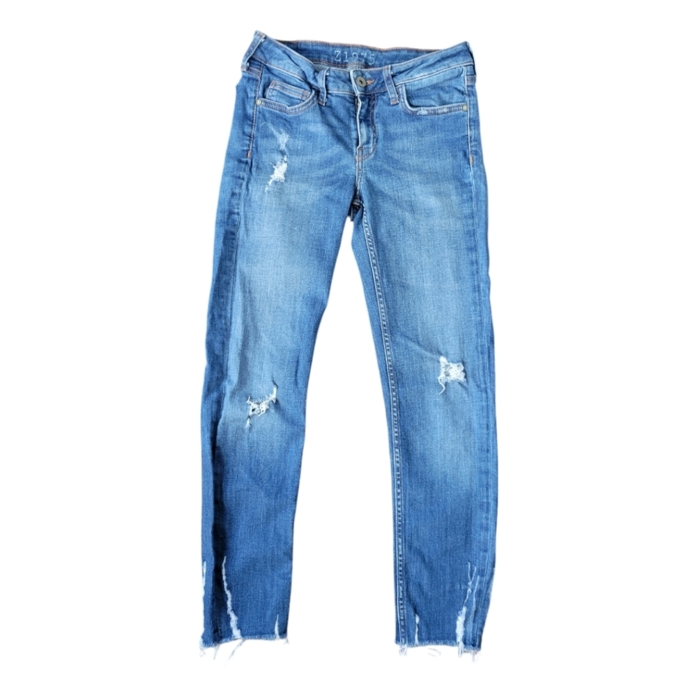 Zara Z1975 Mid Rise Distressed Raw Hem Skinny Jeans Sz 2 Streetwear